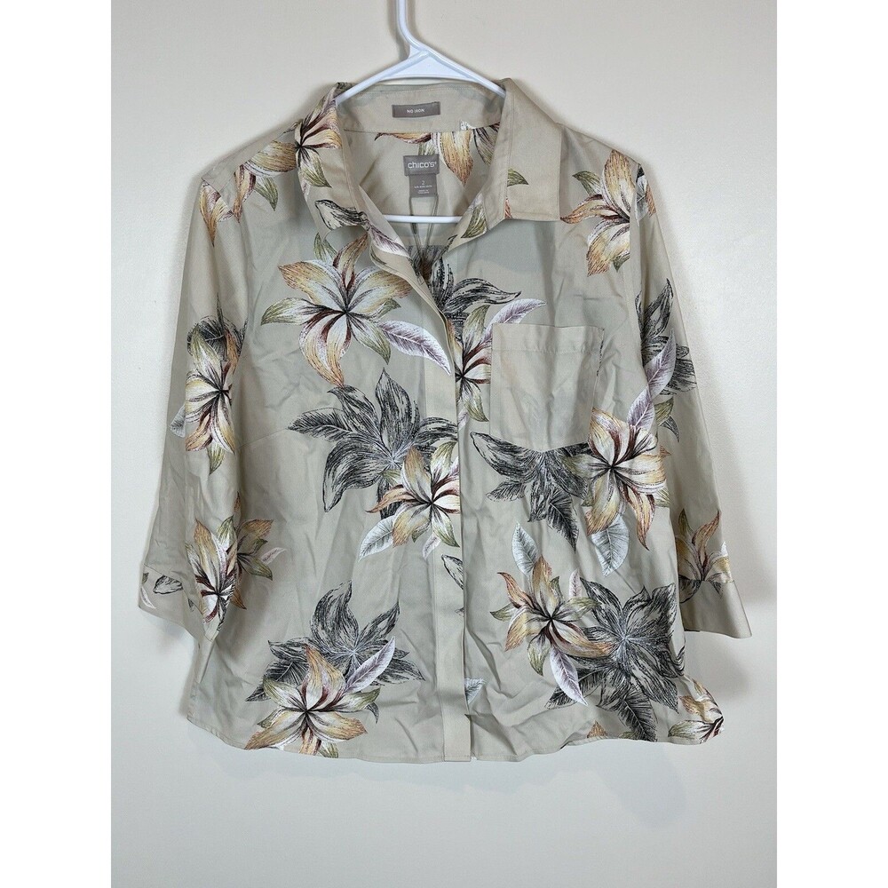 NWT Chicos No-Iron Floral Blouse Shirt Button Up Beige 3/4 Sleeve‎ Sz 12/14 $89